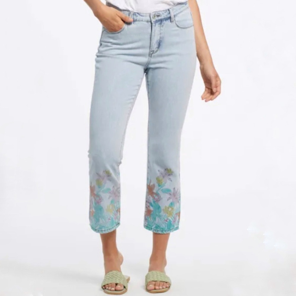 Tribal Women’s Audrey Mid-Rise Printed Straight Cropped Jeans Size 6
